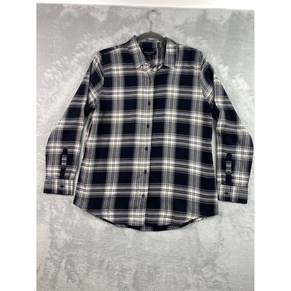 Banana Republic Womens Black White Plaid Boyfriend Fit Button Down Shirt M